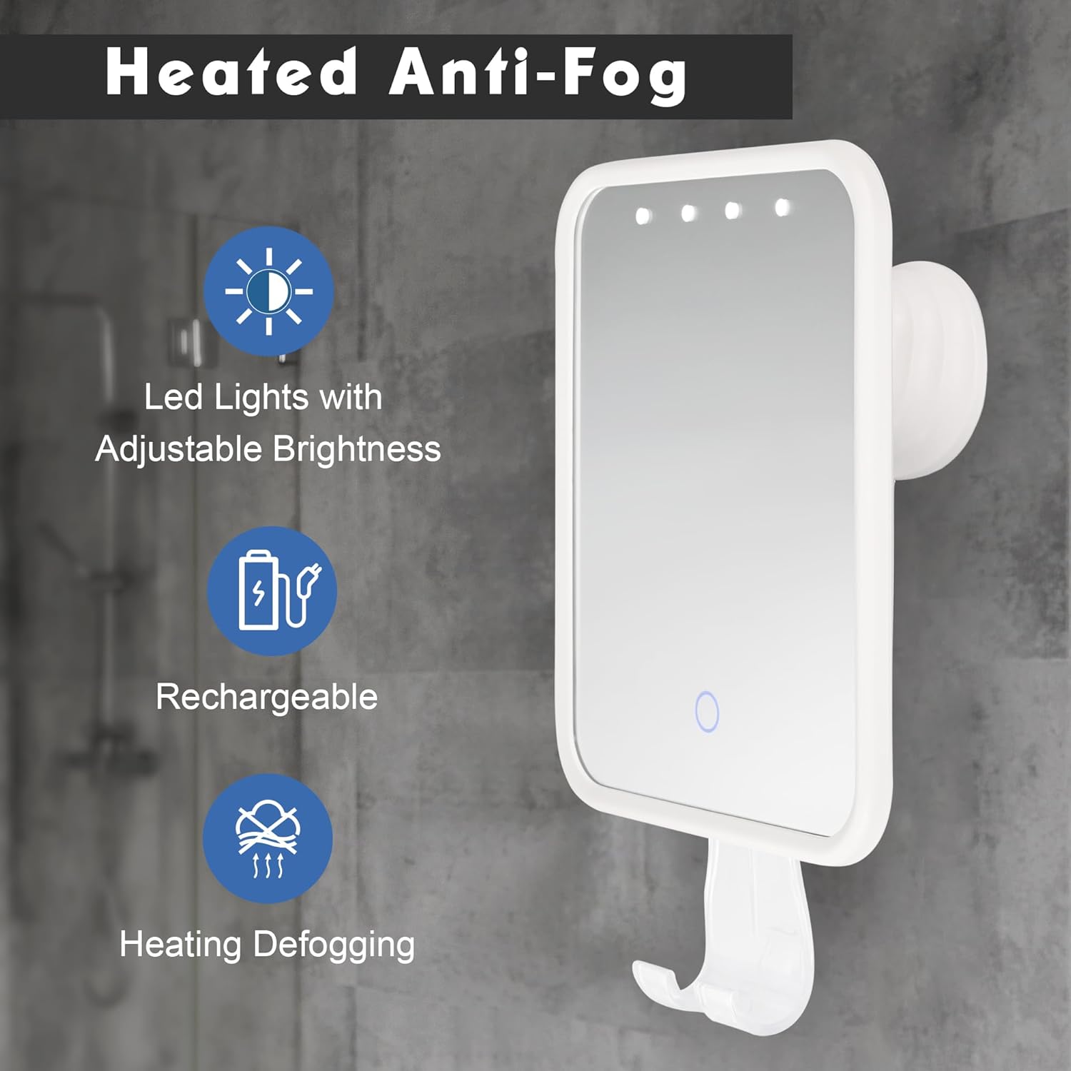 Fandenoni Heated Shower Mirror - Anti-Fog Rechargeable LED Shaving Mirror