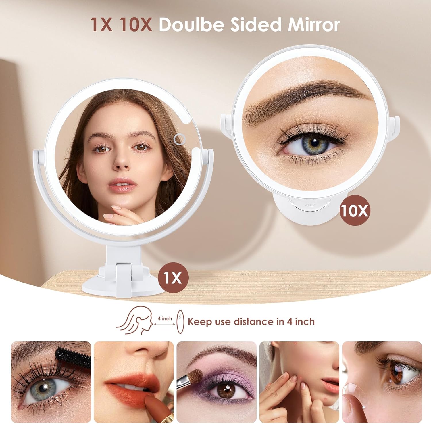 10X Magnifying Mirror with LED Lights and Suction Mount for Grooming