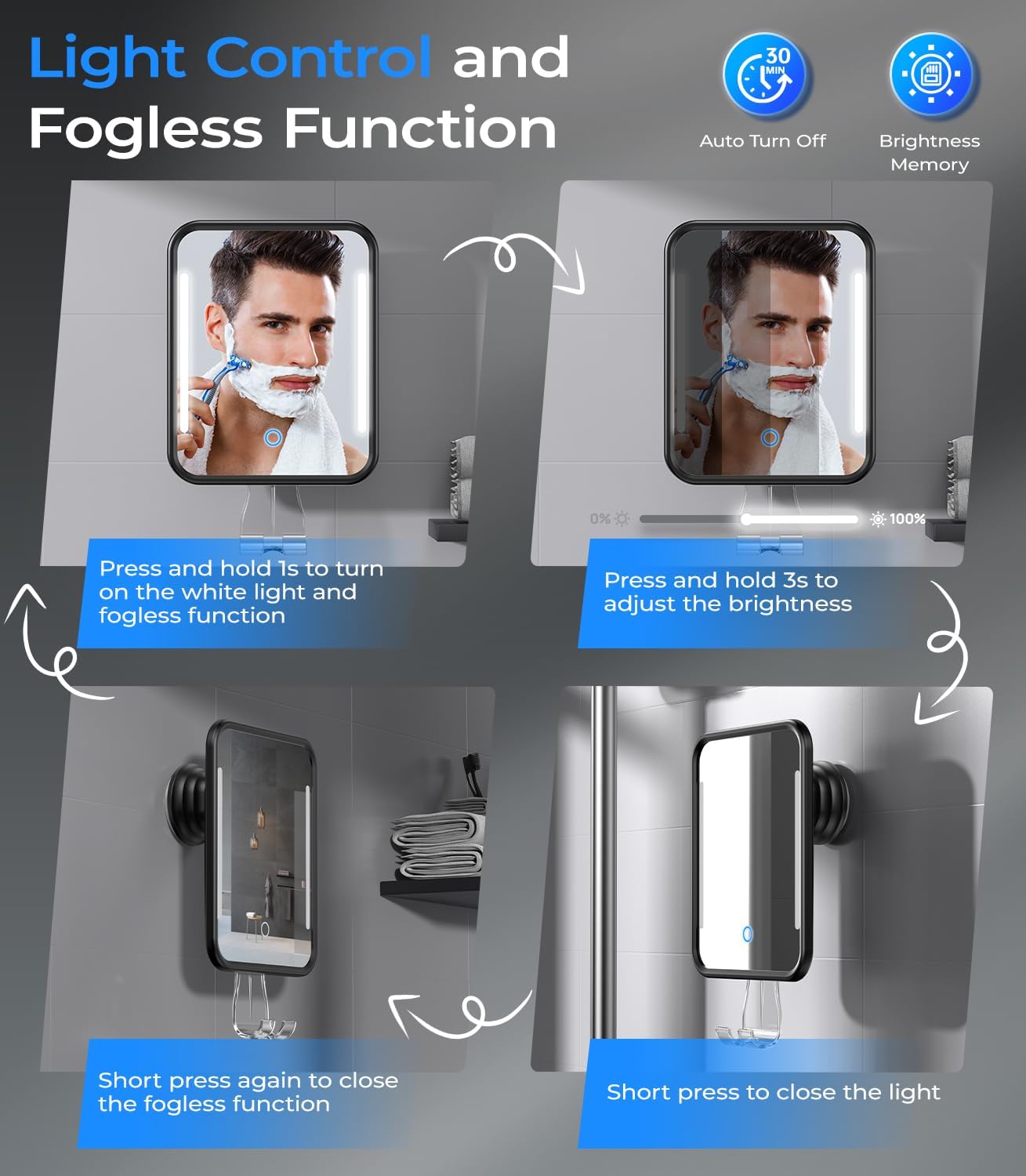 Gospire Heated Fogless Mirror with Light and Adjustable Brightness
