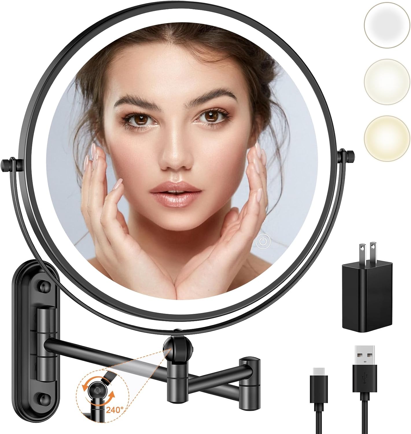 9-inch Wall-Mounted Makeup Mirror with Touch Screen Dimmable Lighting