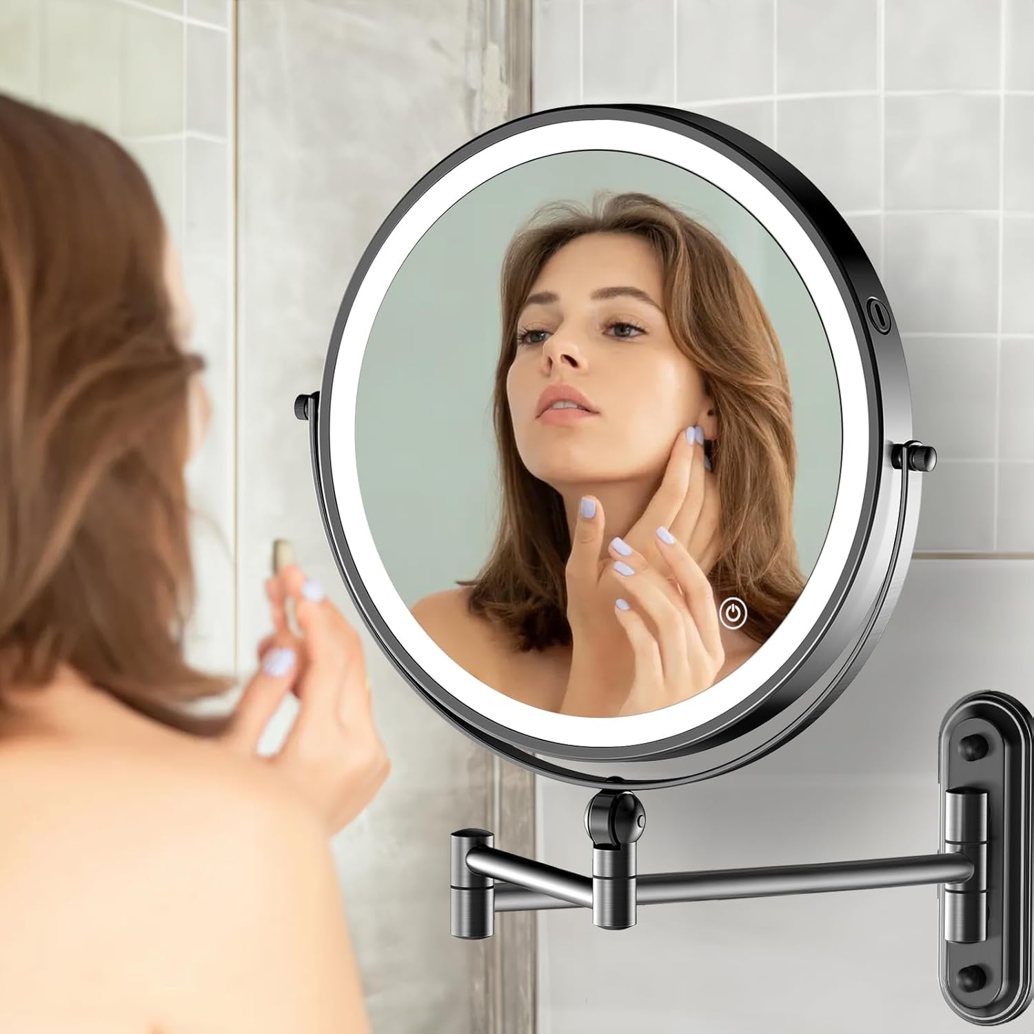 9-inch Wall-Mounted Makeup Mirror with Touch Screen Dimmable Lighting