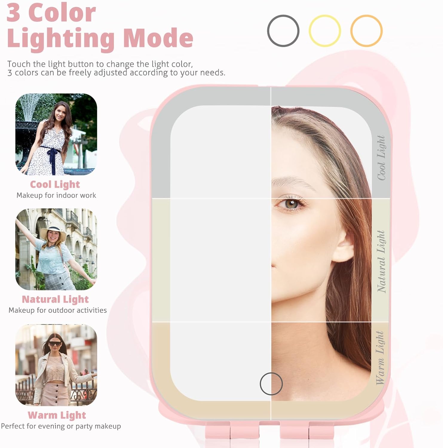 Travel Makeup Mirror 2000mAh Battery-Powered Illuminated Mirror Pink