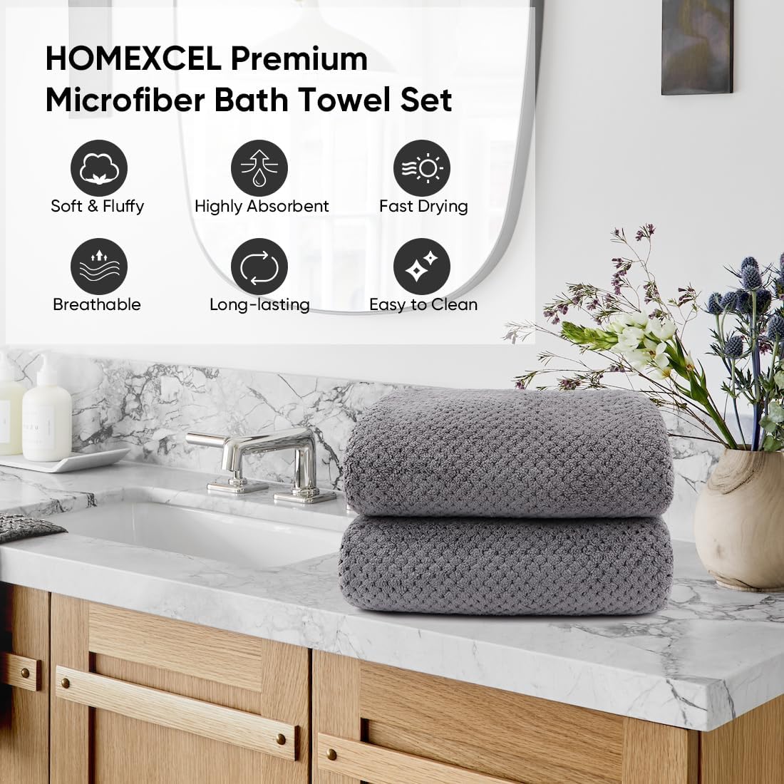 HOMEXCELBath Towels Set 4 27x54 Ultra Soft-absorbent Lightweight grey