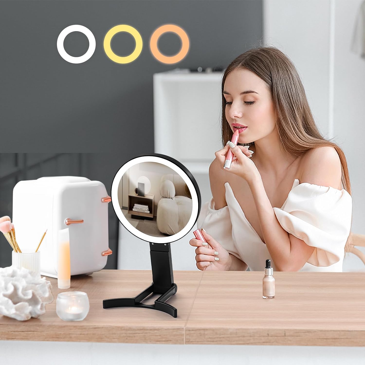 Foldable Dual-Light Makeup Mirror with 10X Magnification