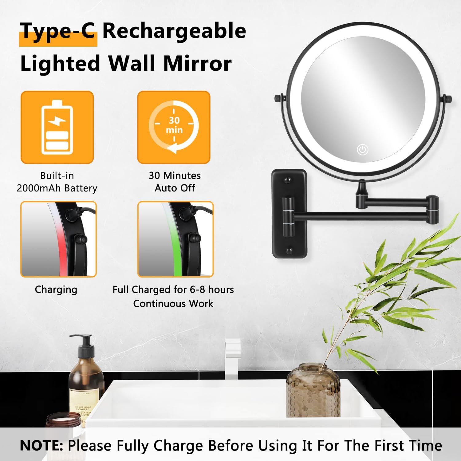 Decluttr Heavy Duty Light Emitting 8-Inch Rechargeable Mirror