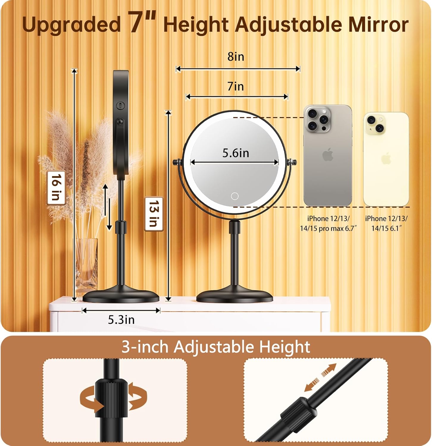 Lighted Makeup Mirror with 3 Lights Magnetic Base