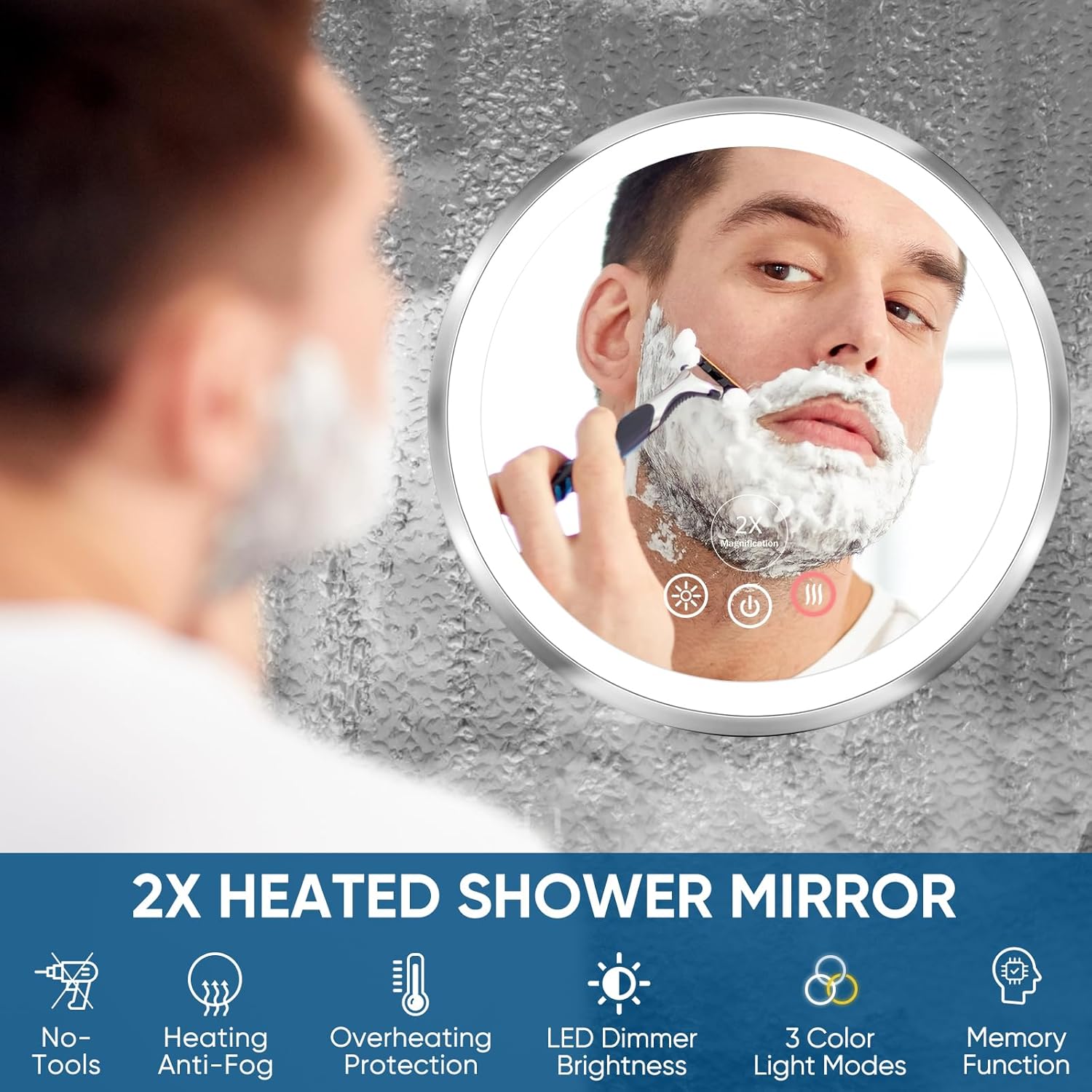 Heated Anti-Fog 2X Real Glass Walk-in Shower Mirror
