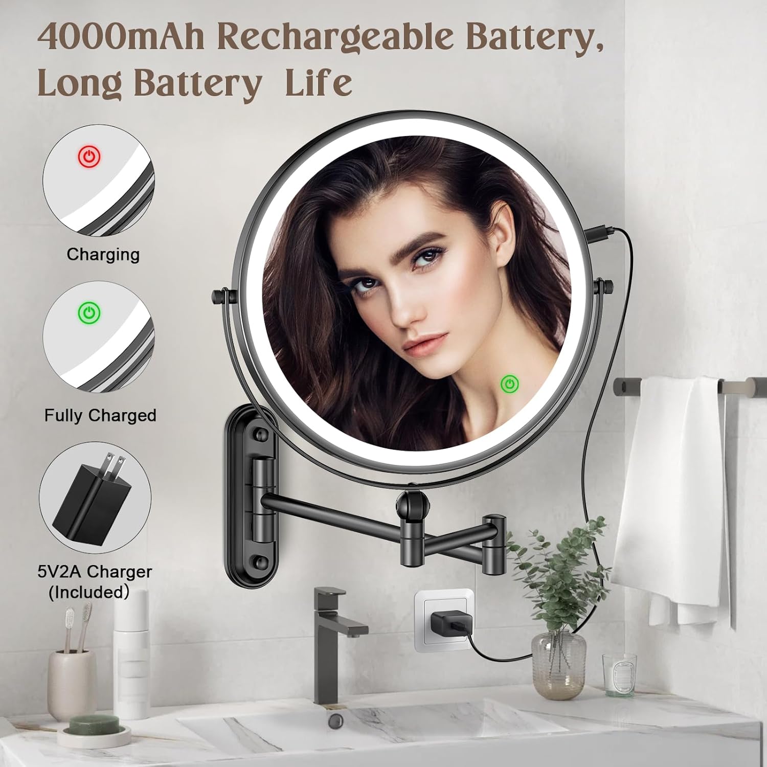 9-inch Wall-Mounted Makeup Mirror with Touch Screen Dimmable Lighting