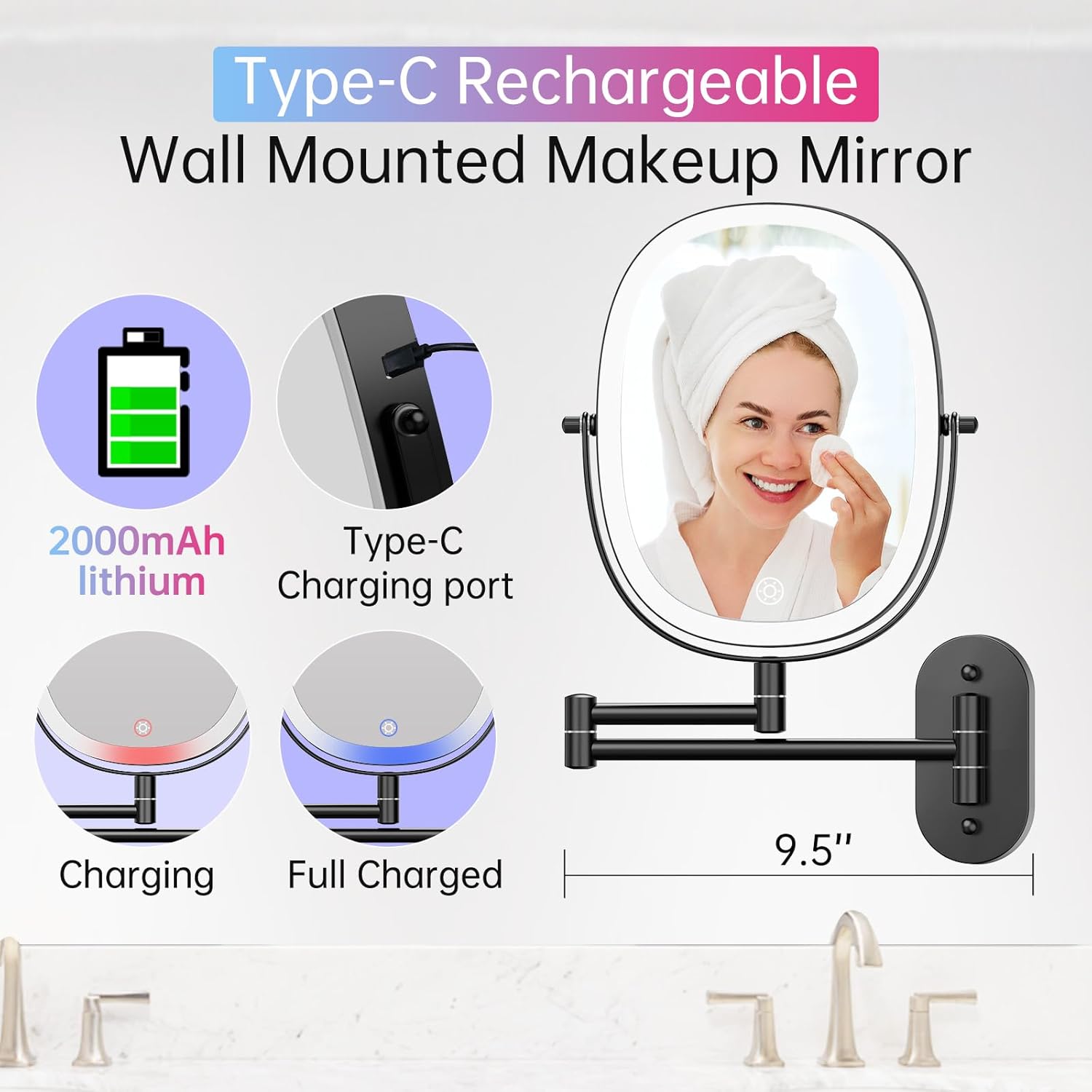 FUNTOUCH Rechargeable Wall-Mounted Lighted Makeup Vanity Mirror