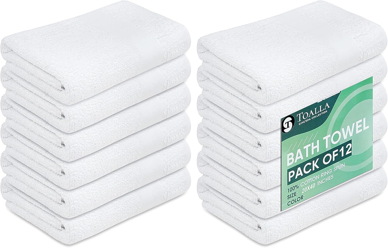 12-Piece Bulk 20x40 White Bath Towels - Eco-Friendly Cotton - Quick-Drying Durable