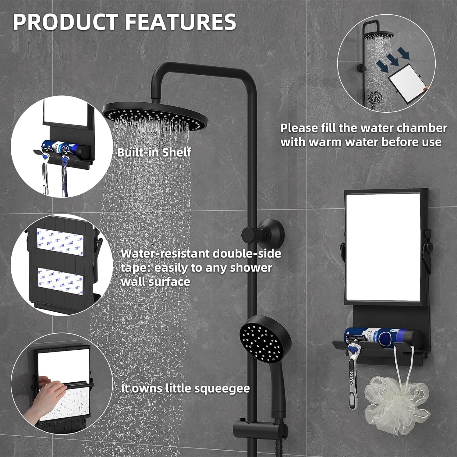 Shower Mirror Dual 1X3X Anti-Fog Rust-Proof Black