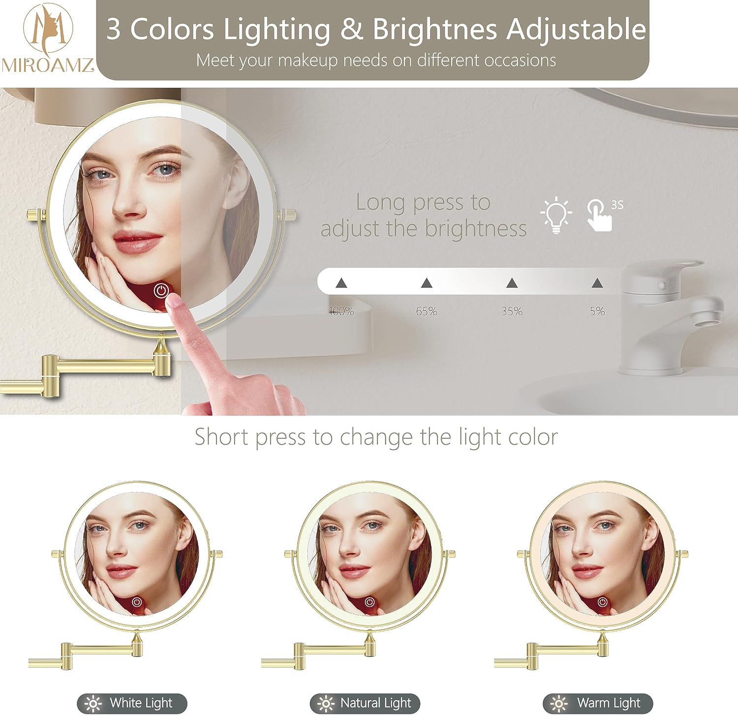 MIROAMZ 8 Wall-Mounted Lighted Makeup Vanity Mirror with 1X 10X Magnification