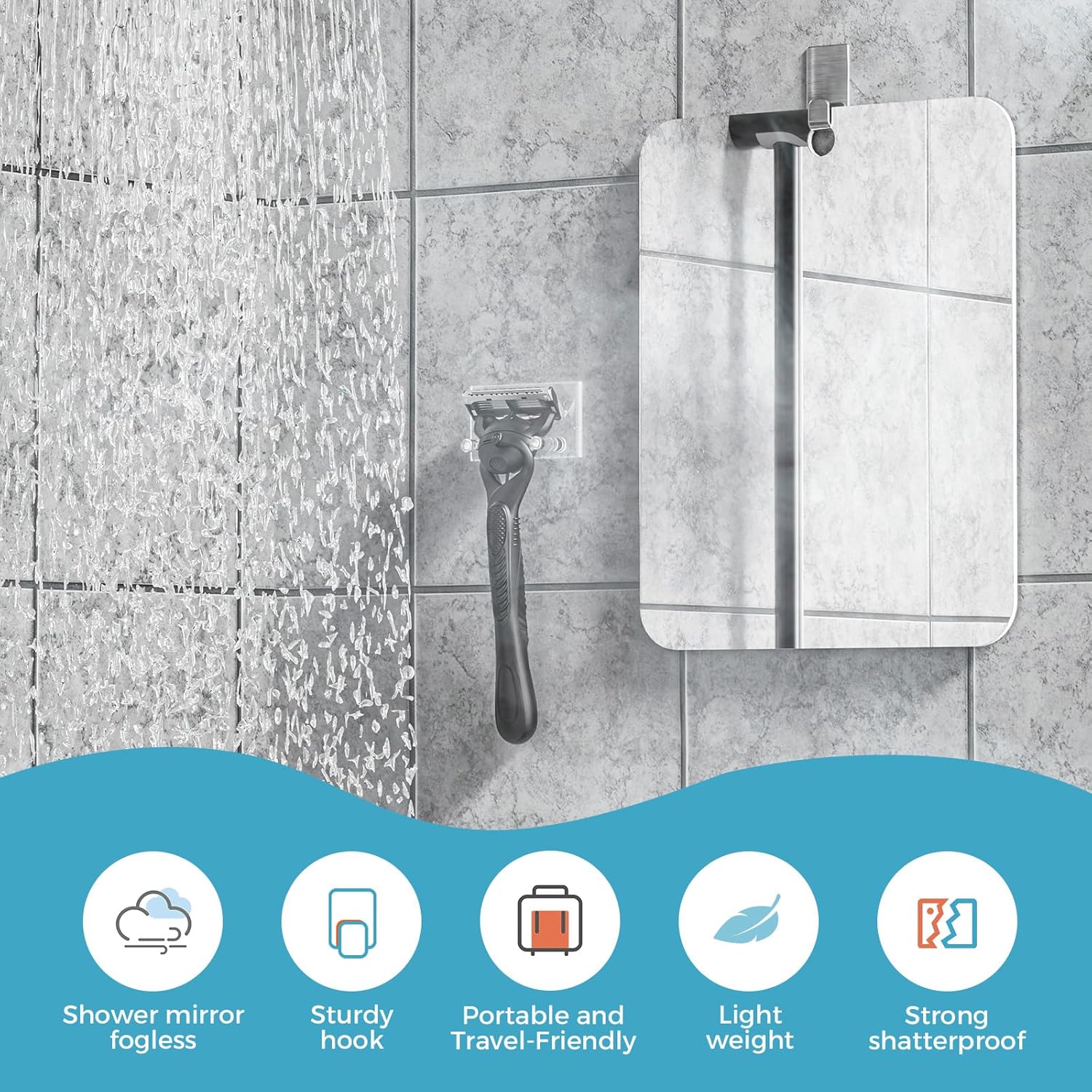 Fogless Shower Mirror with Adhesive Hooks