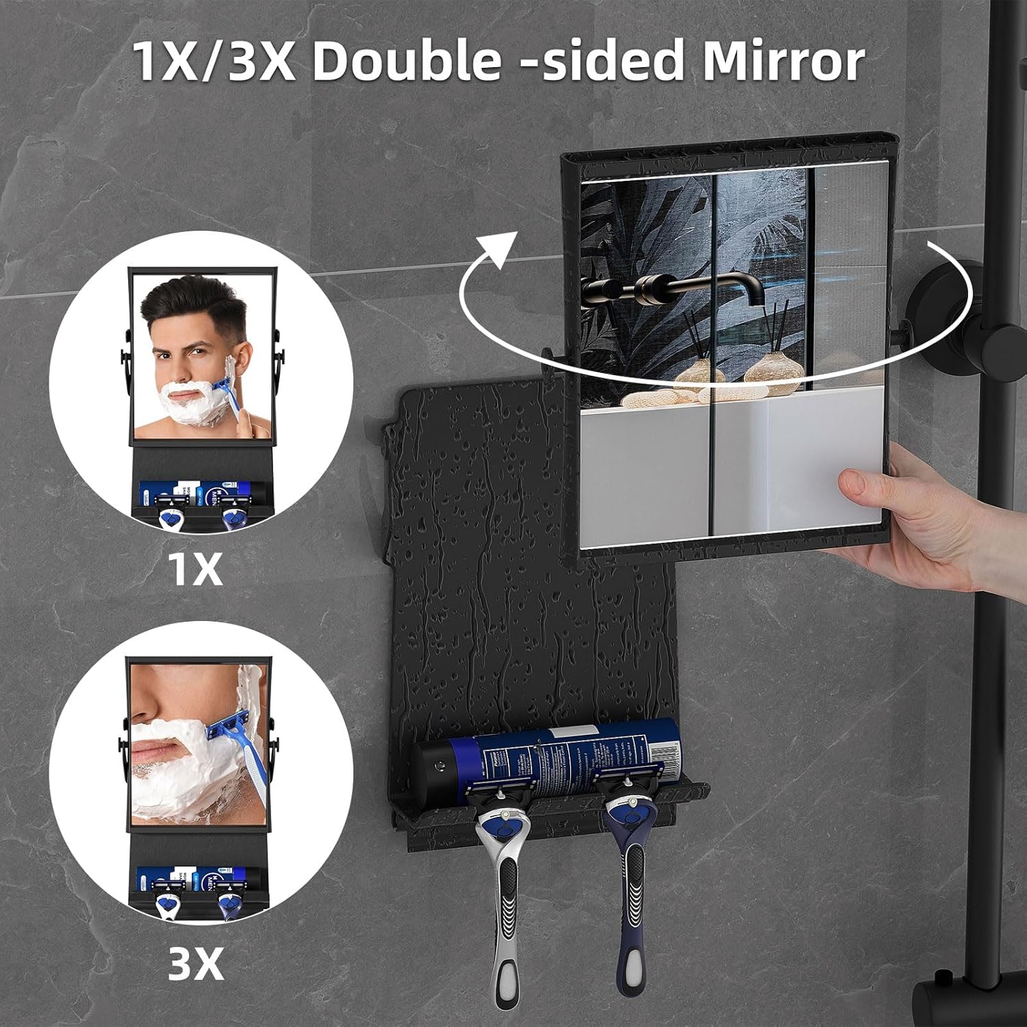 Shower Mirror Dual 1X3X Anti-Fog Rust-Proof Black