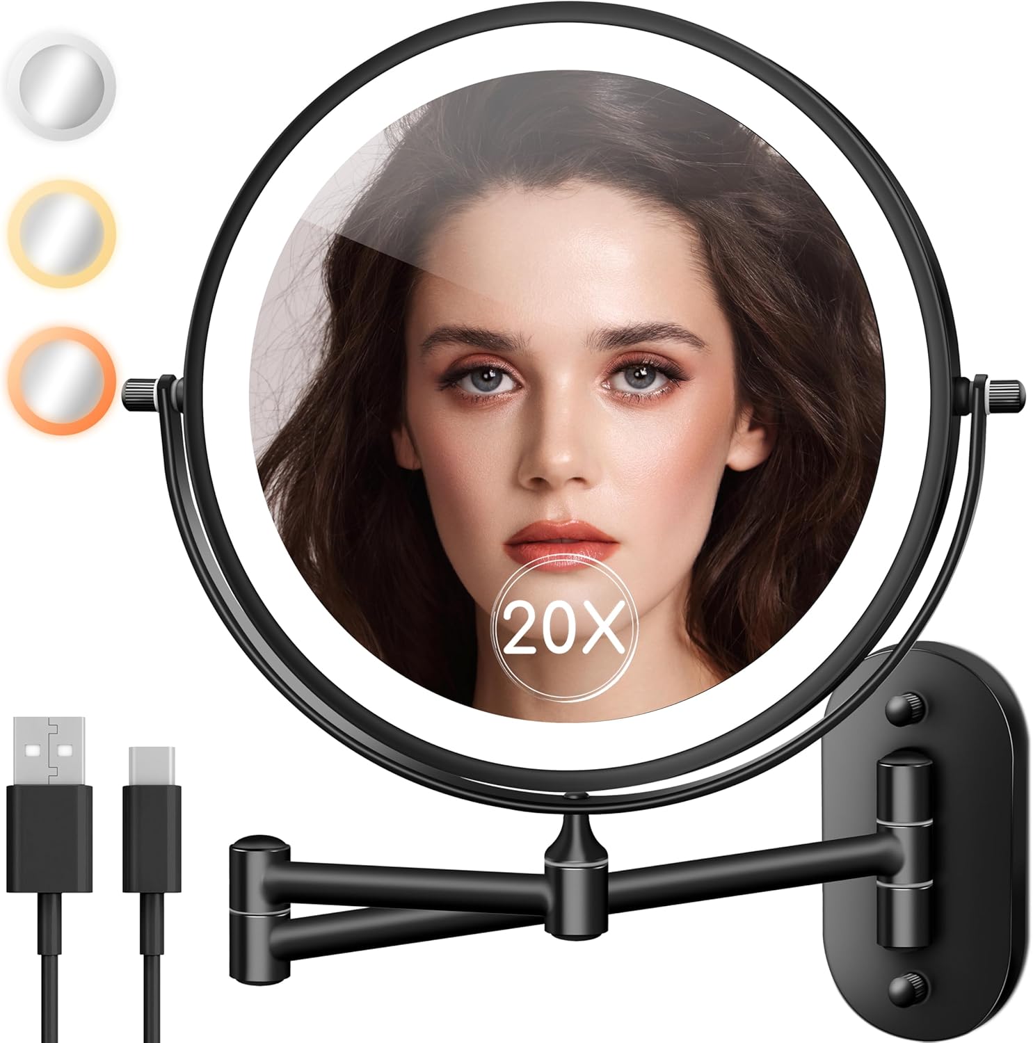 Wall-Mounted Makeup Mirror with 20X LED Lights 360 Rotation