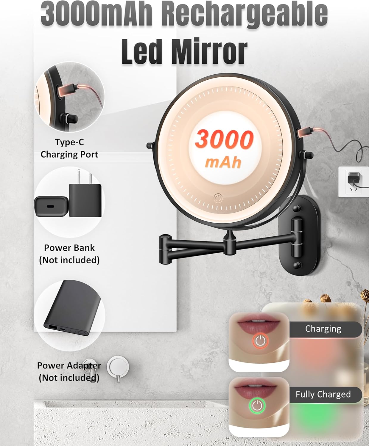 Wall-Mounted Makeup Mirror with 20X LED Lights 360 Rotation