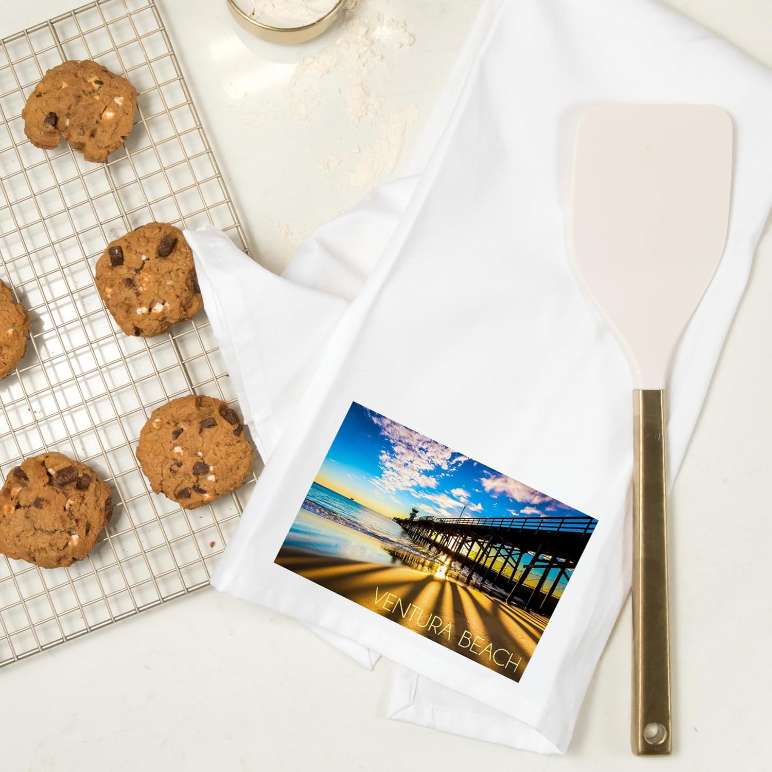 Lantern Press Ventura Beach Seal Beach Pier Sunset Cotton Tea Towel