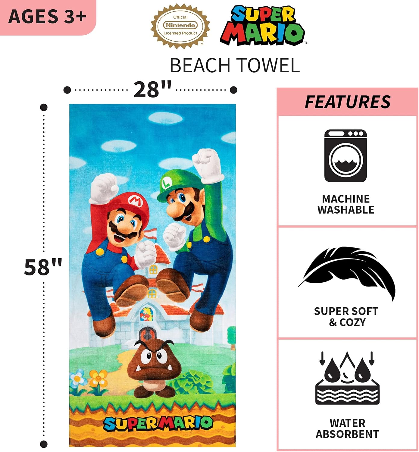 Franco Super Mario Beach Towel Mario bath towel beach swimming kids friendly