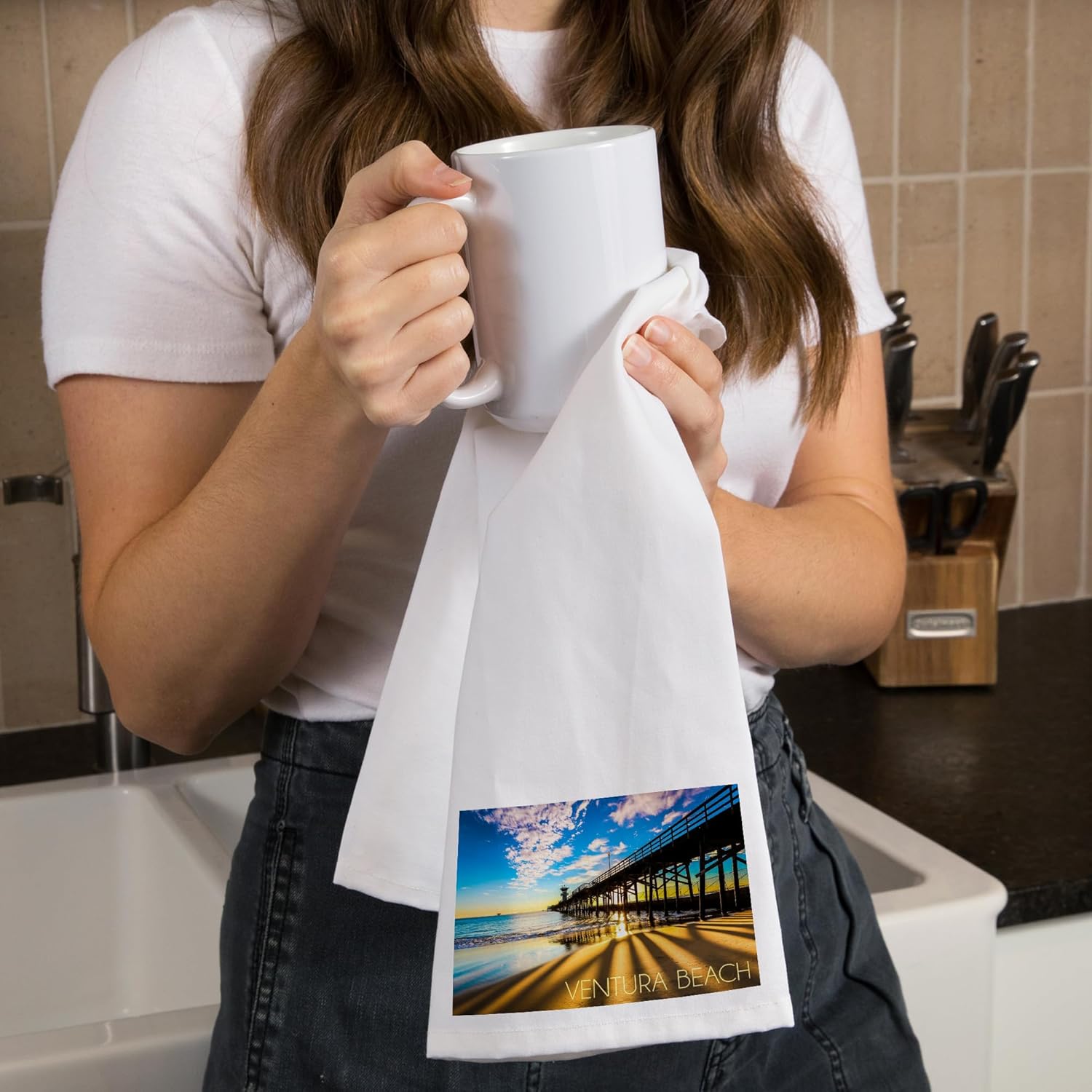 Lantern Press Ventura Beach Seal Beach Pier Sunset Cotton Tea Towel