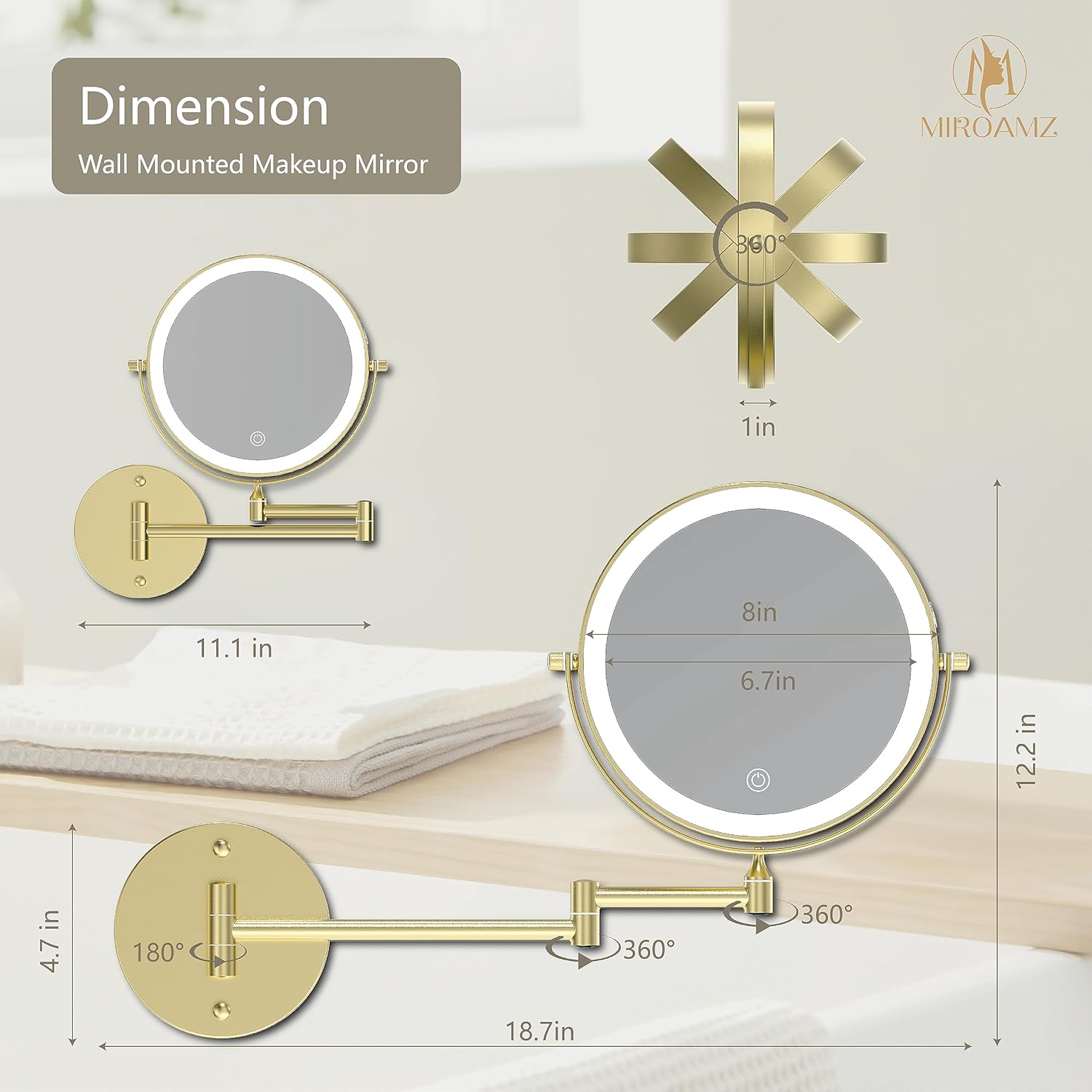 MIROAMZ 8 Wall-Mounted Lighted Makeup Vanity Mirror with 1X 10X Magnification
