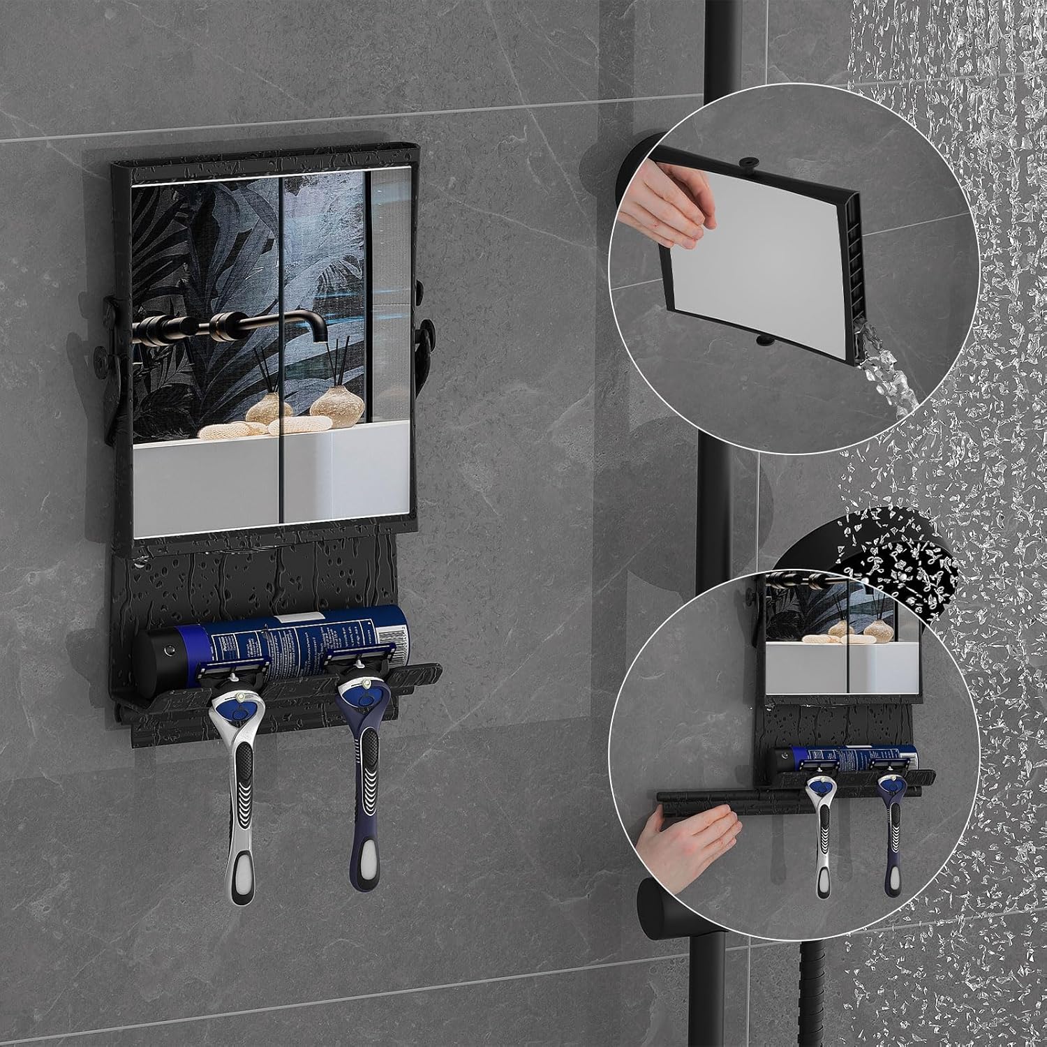 Shower Mirror Dual 1X3X Anti-Fog Rust-Proof Black