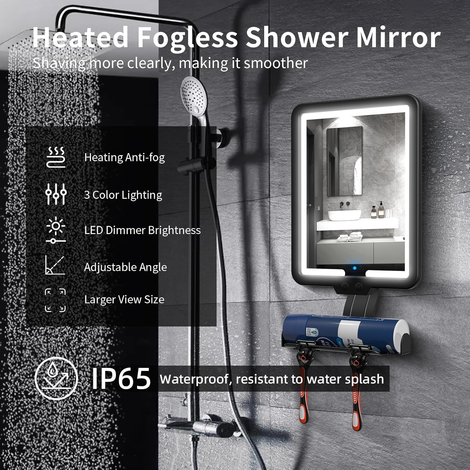 Fog-Free Heated Shower Mirror with Storage for Shaving
