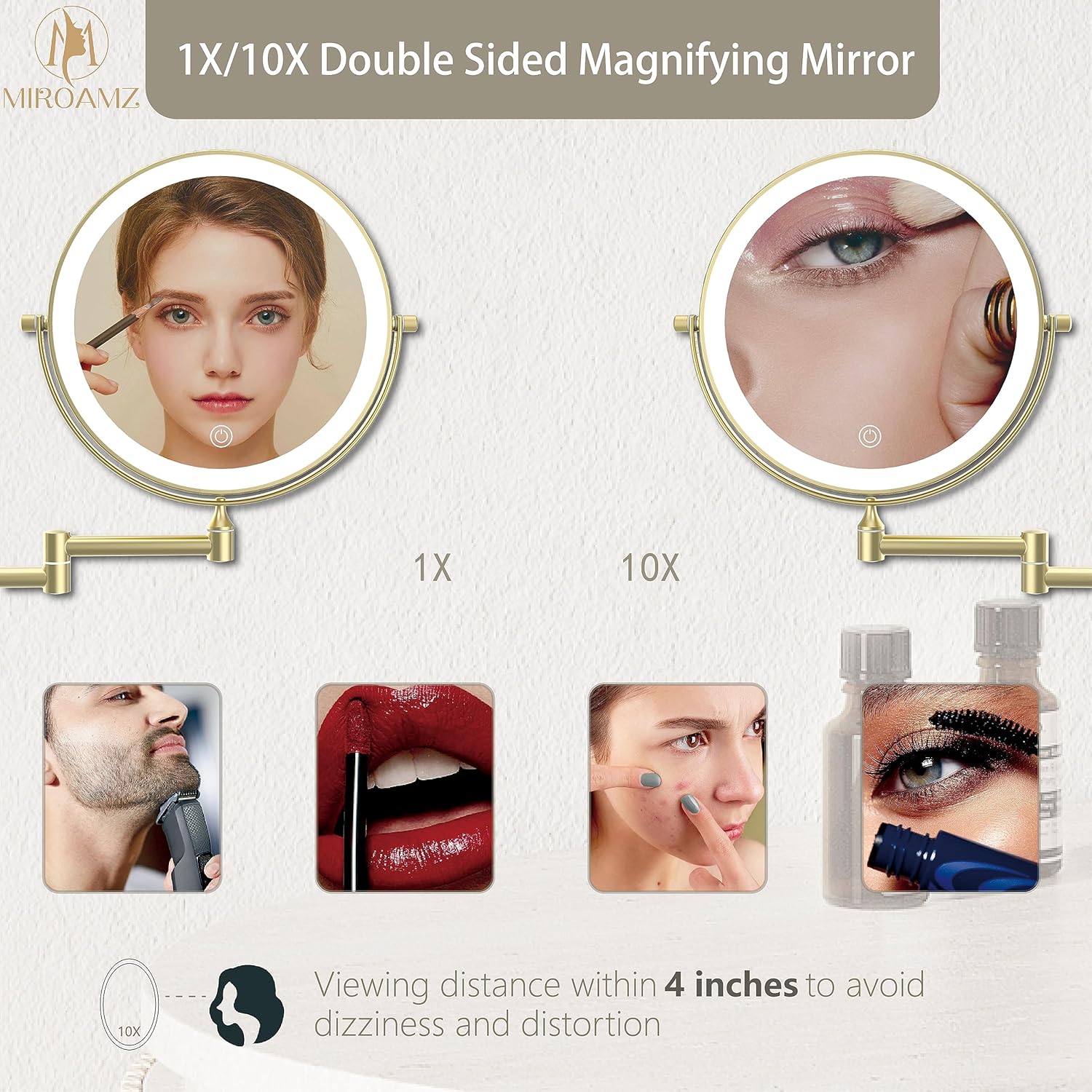 MIROAMZ 8 Wall-Mounted Lighted Makeup Vanity Mirror with 1X 10X Magnification