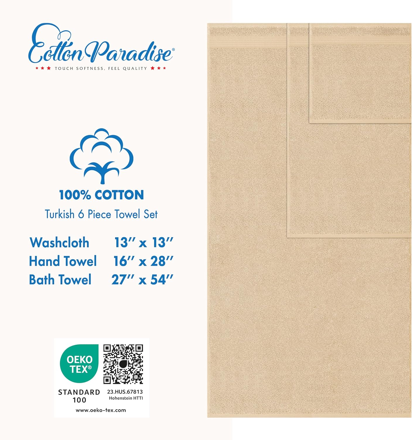 Cotton Paradise 6 Piece Towel Set Beige