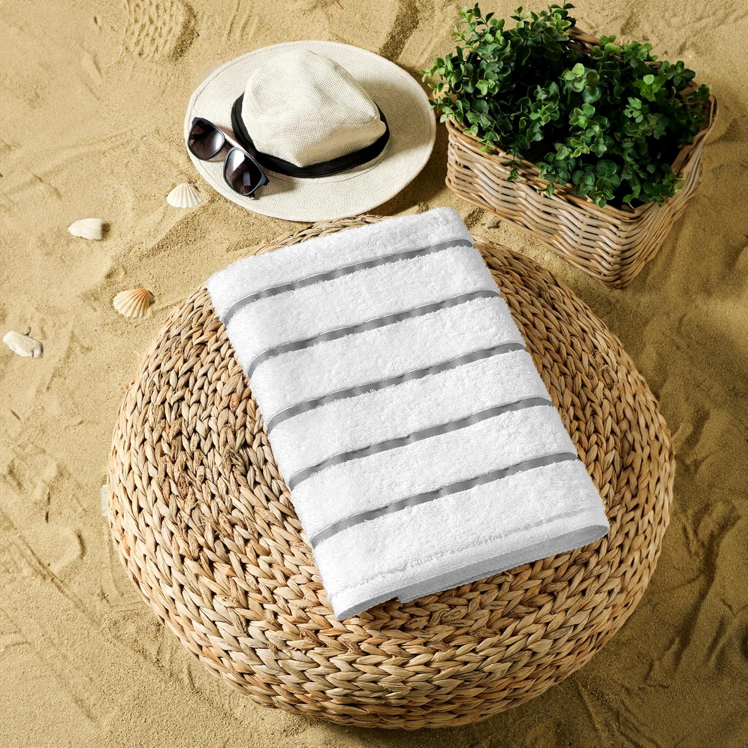 GT Globaltex Luxury 100 Turkish Cotton Stripped Beach Towel Set 32x64 Grey